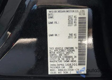 2016 Nissan Altima 2.5 Sr z USA, uszkodzony, nr VIN 1N4AL3AP4GC168201